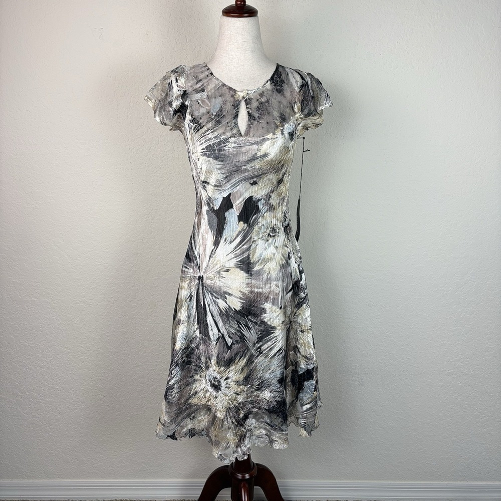 Komarov M Crinkle Dress Knee Length Floral Lace Trim Charmeuse Fairy Y2k Flare